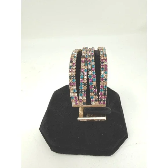 Multicolor Rhinestone 4 Row Gold Tone Statement Cuff Bracelet Boho Glam - Picture 2 of 7